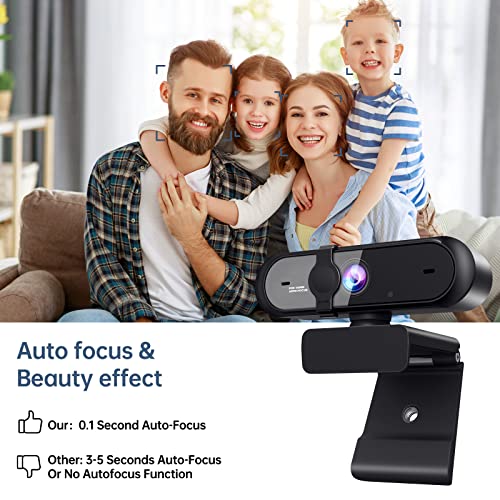 Webcam with Microphone, 0.1 Second Auto-Focus & Beauty Effect, HD USB Computer Web Camera, for OBS/Gaming/Zoom/Skype/FaceTime/Teams/Twitch