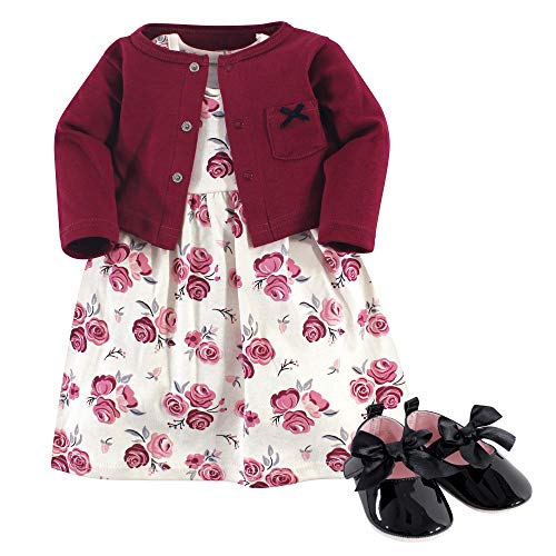 Girl Cotton Dress, Cardigan and Shoe Set, Rose, 3-6 Months