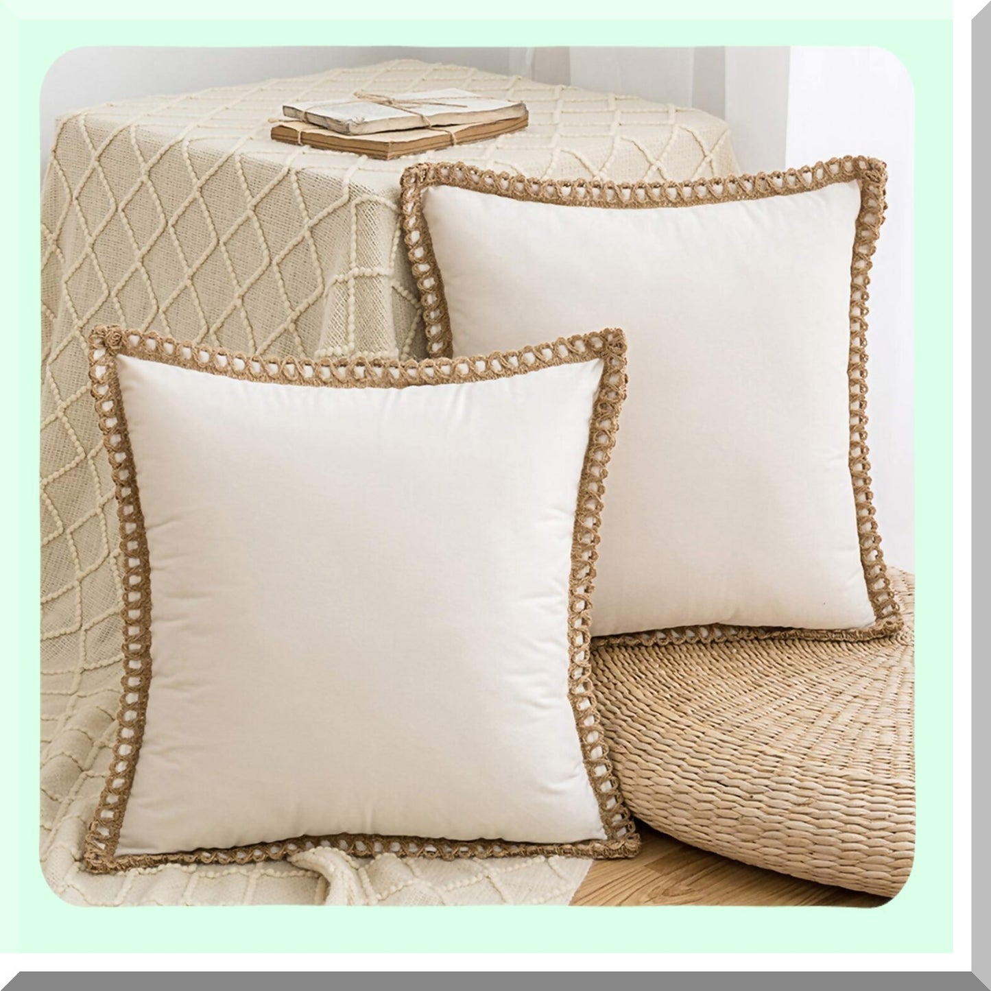 Farmhouse Velvet Beige Pillow Covers - Set of 2 | Decorative Throw Pillows for Couch Sofa Bed | 18x18 Inch Home Living Room Decor