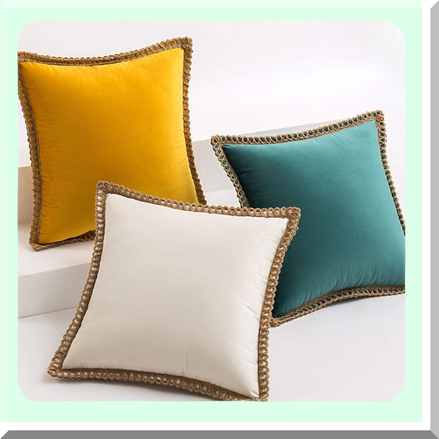 Farmhouse Velvet Beige Pillow Covers - Set of 2 | Decorative Throw Pillows for Couch Sofa Bed | 18x18 Inch Home Living Room Decor