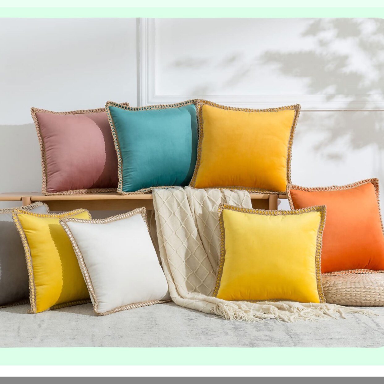 Farmhouse Velvet Beige Pillow Covers - Set of 2 | Decorative Throw Pillows for Couch Sofa Bed | 18x18 Inch Home Living Room Decor