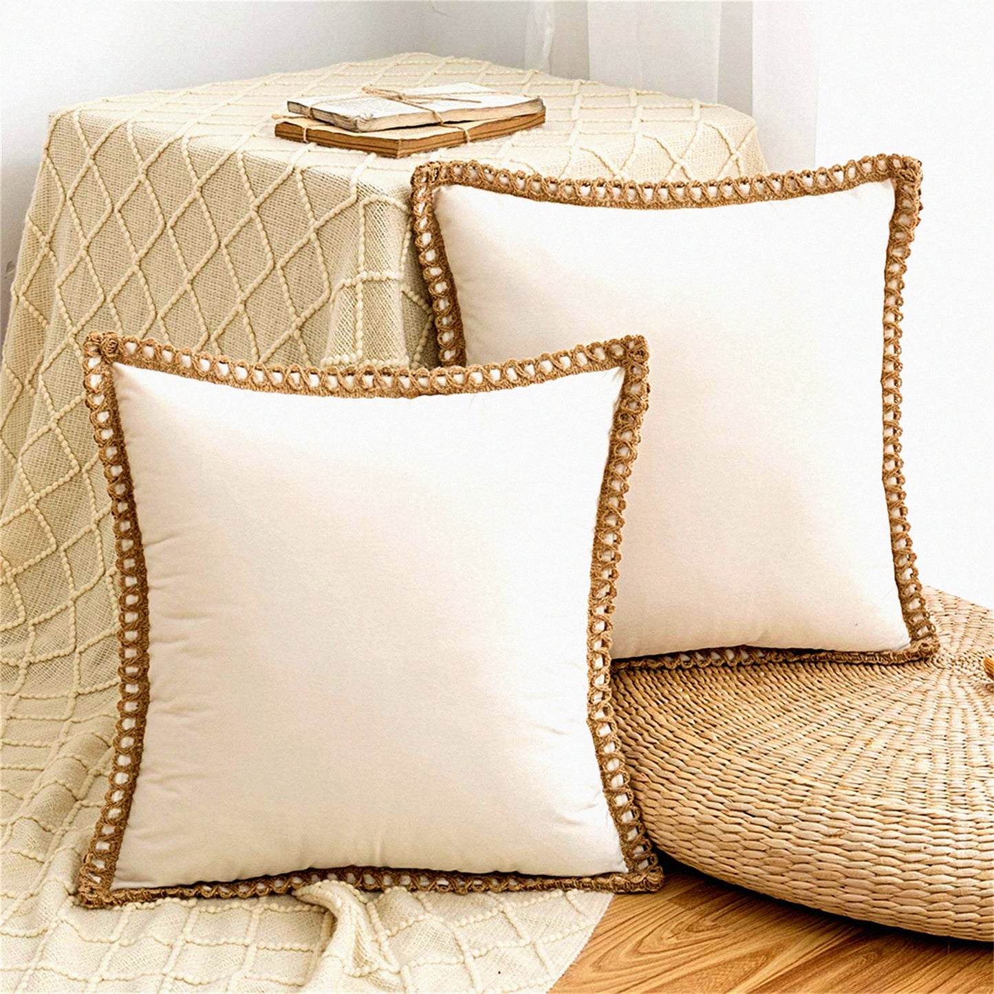 Farmhouse Velvet Beige Pillow Covers - Set of 2 | Decorative Throw Pillows for Couch Sofa Bed | 18x18 Inch Home Living Room Decor