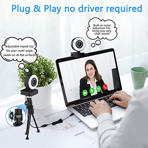 Streaming HD Webcam, 1080P Webcam with Ring Light & Dual Microphone, USB Adjustable Brightness Web Camera for Windows Laptop Desktop Gaming Xbox Zoom etc, Black