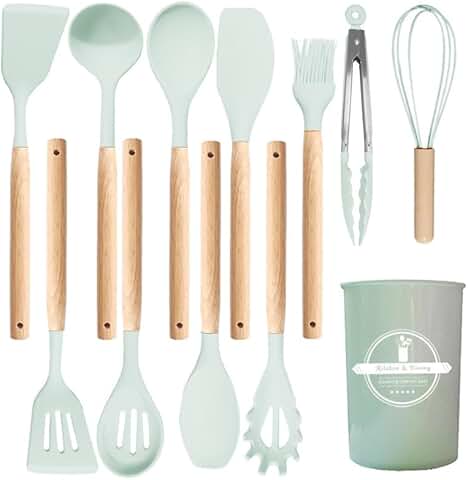 12-Piece Silicone Kitchen Utensil Set with Wooden Handles
