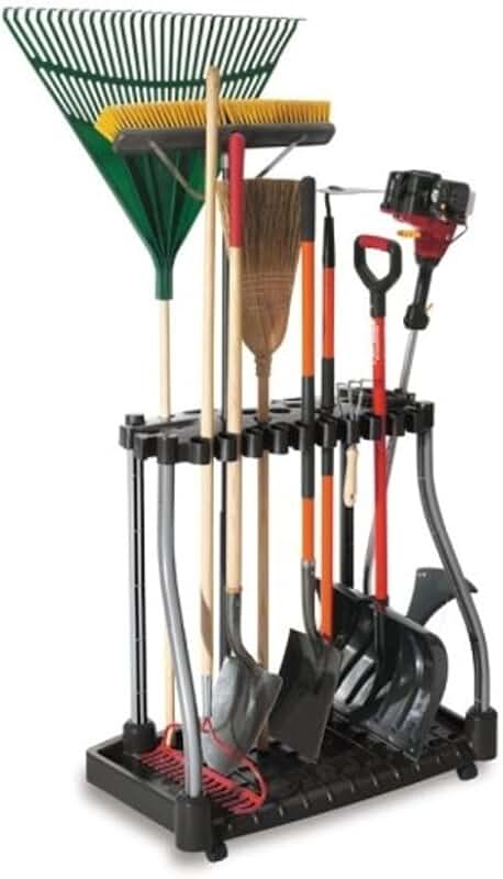 Easy-to-assemble wheeled garage tool rack for long-handled tools