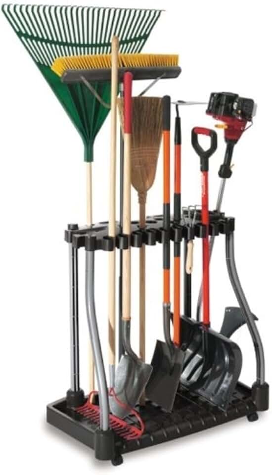Easy-to-assemble wheeled garage tool rack for long-handled tools