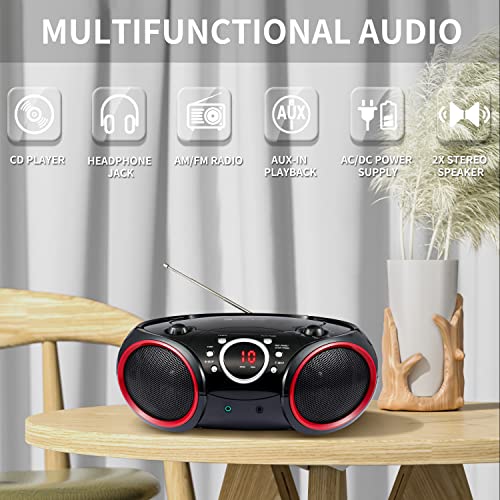 030C Portable CD Player Boombox with AM FM Stereo Radio, Aux Line in, Headphone Jack, Supported AC or Battery Powered (Black with a Touch of Red Rims)