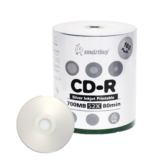 100 CD-R discs, 700MB, 80 minutes, 52x speed, silver inkjet hub printable