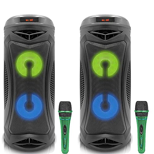 (Qty 2) Portable Rechargeable Bluetooth Speaker w/Color Changing LED, 6 Hours Playtime w/Digital Processing Portable Microphone, XLR to 1/4", for Karaoke (Green)