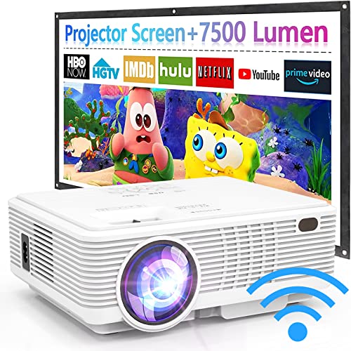 WiFi Projector with 100 Projector Screen, 7500Lux Projector for Outdoor Movies 1080P Full HD Supported Mini Portable Projector Compatible with Smartphone TV Stick HDMI USB AV AUX