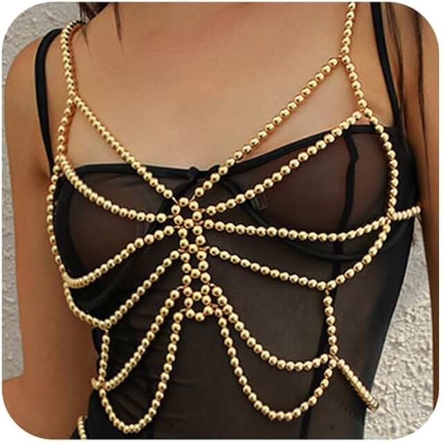 Pearl Shoulder Chain Bikini Top with Butterfly and Beads