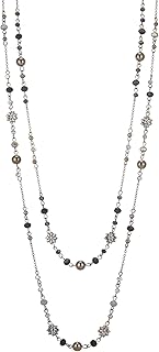Layered Long Beaded Necklace with Flower Design
