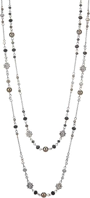 Layered Long Beaded Necklace with Flower Design