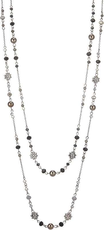 Layered Long Beaded Necklace with Flower Design