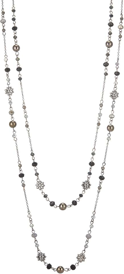 Layered Long Beaded Necklace with Flower Design