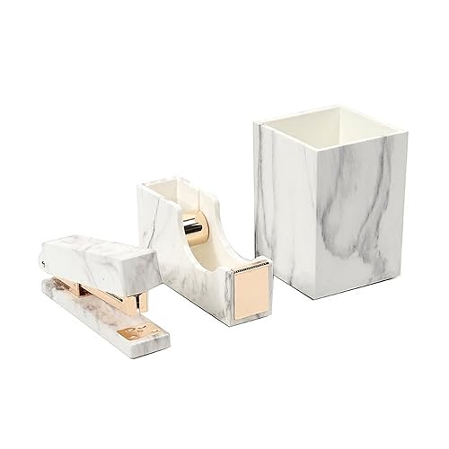 White marble desk stationery set with pen holder, tape dispenser, and stapler