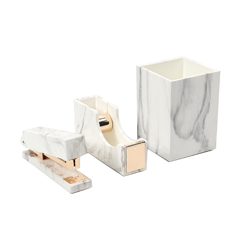 White marble desk stationery set with pen holder, tape dispenser, and stapler