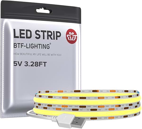 USB Powered Warm White COB LED Strip Light, 3.28Ft