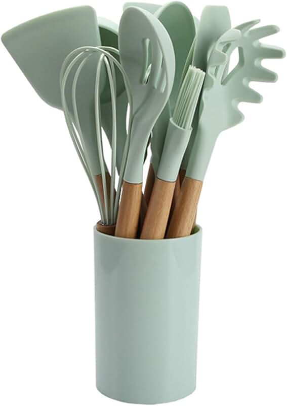 11-Piece Silicone Kitchen Utensil Set with Wooden Handles
