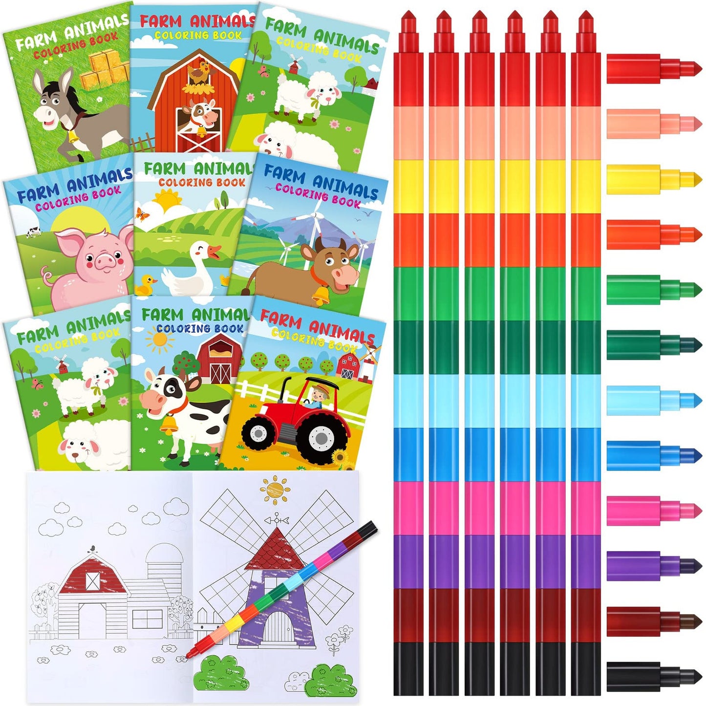 Farmyard Fun Coloring Pack with Stacking Crayons - 24 Piece Set | Barnyard Birthday Activity Books for Kids | Clroom Gifts & Party Favors