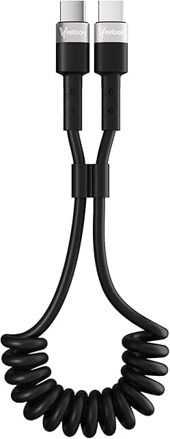 Coiled USB C to Type C Car Charger Cable, 2FT