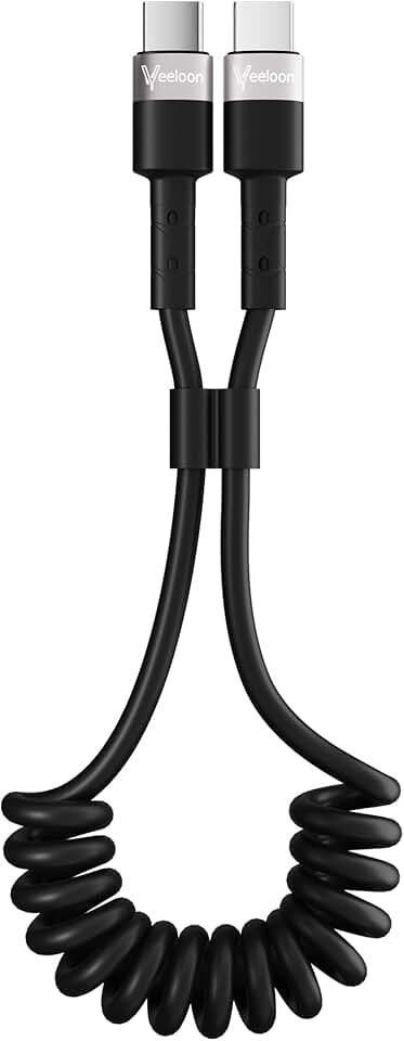 Coiled USB C to Type C Car Charger Cable, 2FT