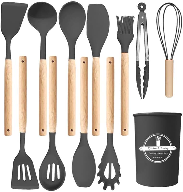 12-Piece Silicone Kitchen Utensil Set with Wooden Handles