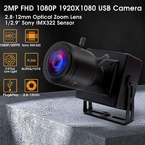Manual Focus USB Camera Zoom 2.8-12mm Lens 1080P HD Low Light Webcam with Sony IMX323 Sensor H.264 Portable USB Web Camera with Metal Housing and Bracket