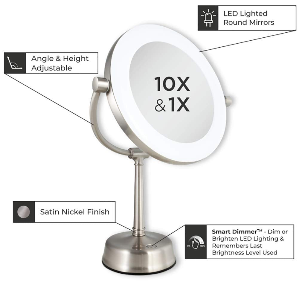 12" Round Dimmable LED Makeup Mirror with Lights and Magnification 10X/1X Countertop Makeup Mirror