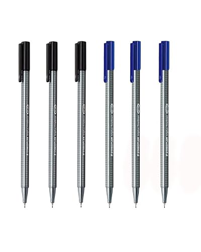 Six-pack of black and blue fineliner pens