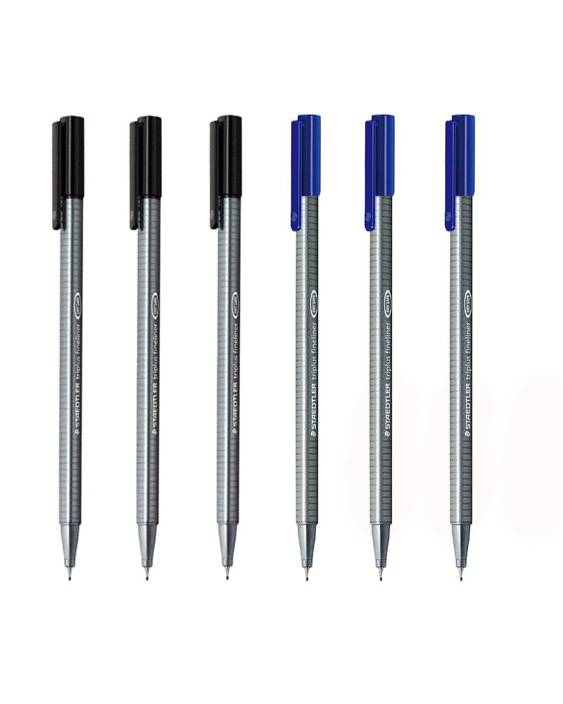 Six-pack of black and blue fineliner pens