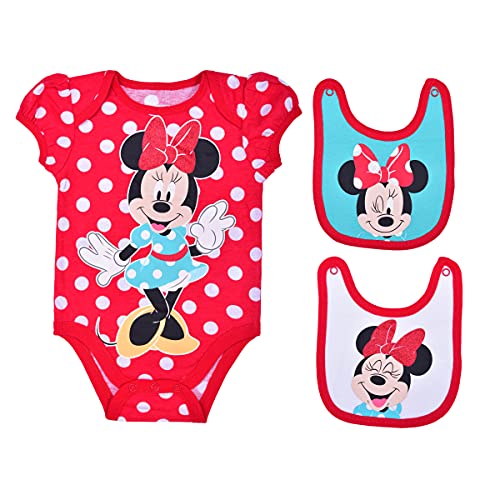 Baby-Girls 1 Minnie Bodysuit and 2 Minnie Face Bibs To Attach To The Bodysuit, Red, 6-9 Months (3-Piece)