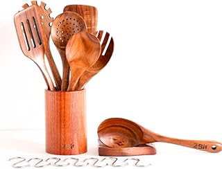 7-Piece Teak Kitchen Utensil Set with Holder and Hooks