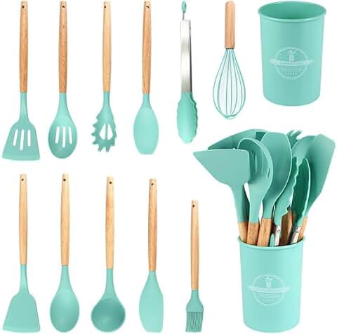 12-Piece Silicone Kitchen Utensil Set with Wooden Handles