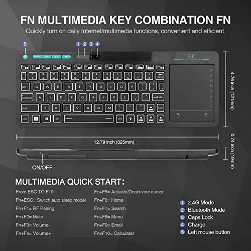 (Dual Mode) RT518S Wireless and Bluetooth 2-LED Color Backlit Multimedia Keyboard with Multi-Touch Big Size Trackpad,Rechargable Keyboard for Android TV Box,PC,Tablets,Smart TV, HTPC, IPTV,Windows