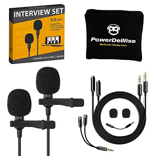 Professional Grade 2 Lavalier Clip-On Microphones Set for Dual Interview - Double Lav Lapel Microphone - Use for iPhone Phone Camera - Blogging Video Recording Noise Cancelling 3.5mm Mic