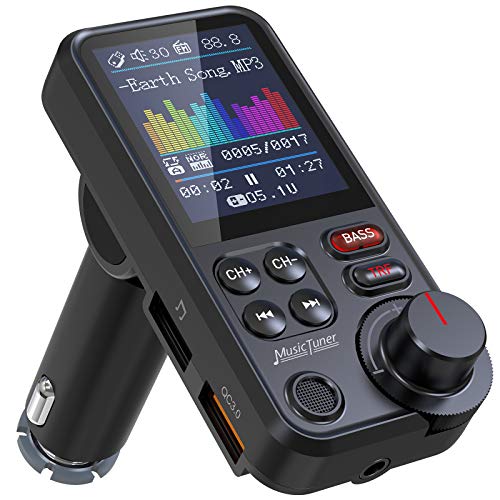 FM Bluetooth Transmitter for car, Strong Microphone Bluetooth Car Adapter with 1.8" Color Screen for Hands Free Calls, Supports QC3.0 Charging, Treble and Bass Sound Music Player- KM30