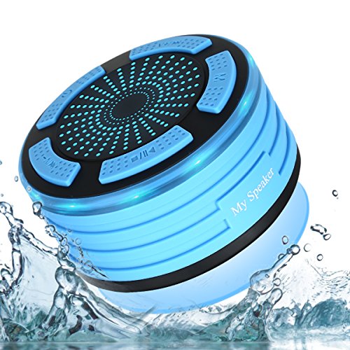 Bluetooth Shower Speaker Wireless Waterproof Speaker with FM Radio and Multi-Color LED Lights Suction Pad Handsfree Loudspeaker Used for Boat/Car/Shower/Bathroom/Pool/Beach/Outdoor (Blue)