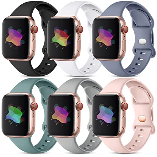 Compatible with Apple Watch Band 38mm 40mm 41mm 42mm 44mm 45mm Women Men, 6 Pack Soft Silicone Sport Bands Waterproof Strap Wristband Compatible for iWatch Apple Watch Series 7 6 5 4 3 2 1 SE