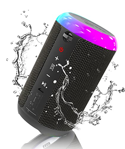 Bluetooth Speakers with 18 LED Colored Lighting Effects, IP67 Waterproof, DSP Stereo, Powerful Bass, 12H Playtime, Small Portable Wireless Speaker for Shower, Party, PC, iPhone, Samsung, etc