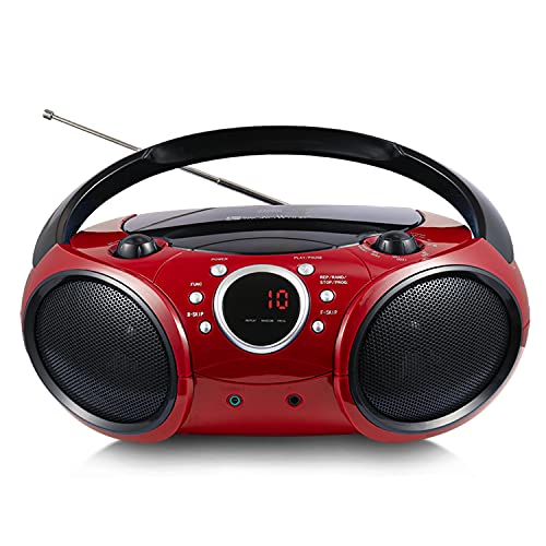030B Portable CD Player Boombox with Bluetooth for Home AM FM Stereo Radio, Aux Line in, Headphone Jack, Supported AC or Battery Powered (Firemist Red)