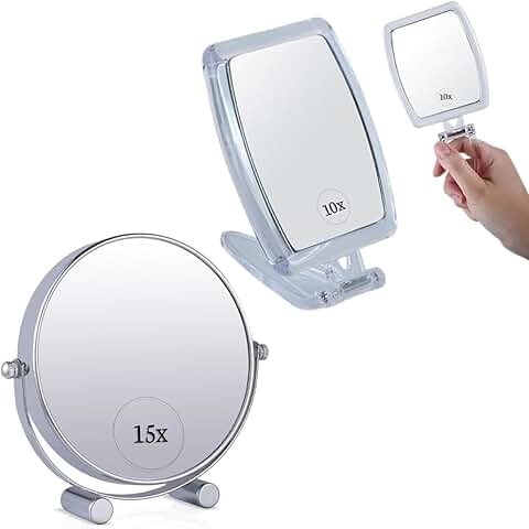 Small double-sided 15x makeup mirror with magnifier and foldable hand mirror bundle
