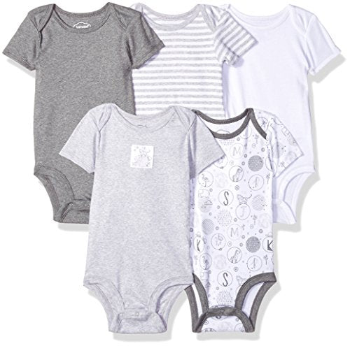 Unisex Short Sleeve Cotton Bodysuit, Snap Closure, White and Grey Variety, 3 Months