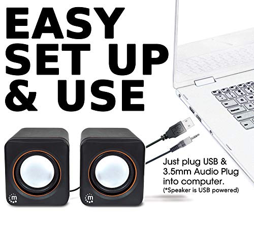 USB Powered Stereo Speaker System - Small Size - with Volume Control & 3.5 mm Aux Audio Plug to Connect to Laptop, Notebook, Desktop, Computer - 3 Yr Mfg Warranty - Black Orange, 161435