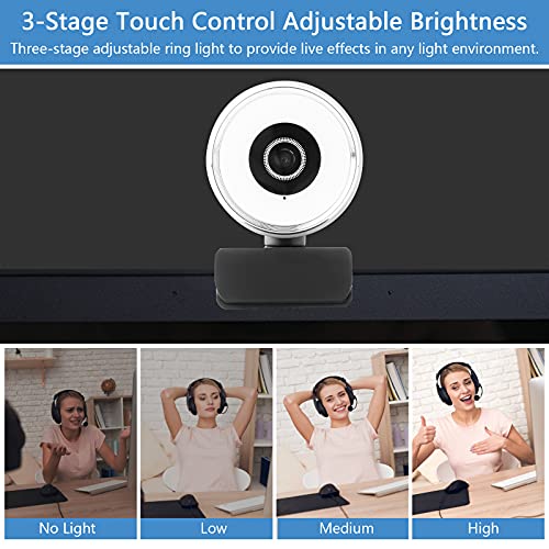 1080P Webcam with Microphone and Privacy Protection, Streaming Camera Built-in 3-Level Adjustable Brightness Ring Light, Autofocus Web Cameras with Tripod for Computers, Laptop, Desktop