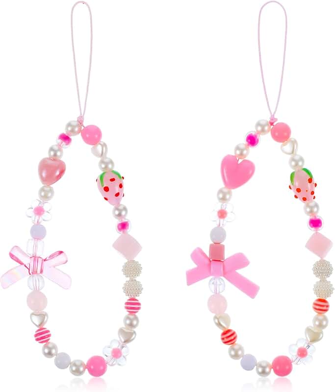 Pink Strawberry Phone Charm Set with Bowknot and Heart