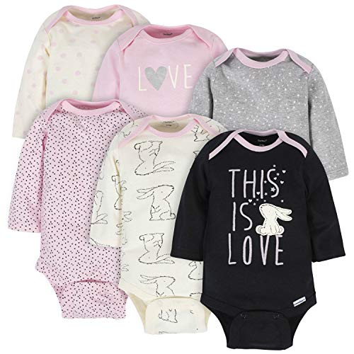Baby Girls' 6-Pack Long-Sleeve Onesies Bodysuits, Bunny, 0-3 Months