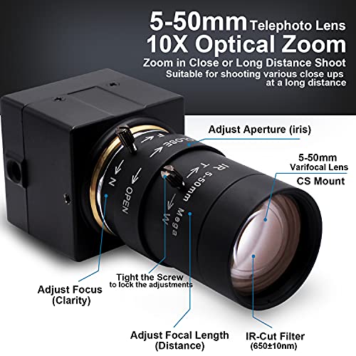 USB Webcam with Zoom Lens 5-50mm Manual Focus Webcam,8MP High Resolution Web Camera 3264x2448 USB Camera with Sony IMX179 Sensor,Mini HD Webcam UVC Computer Camera for Windows MAC Linux Android