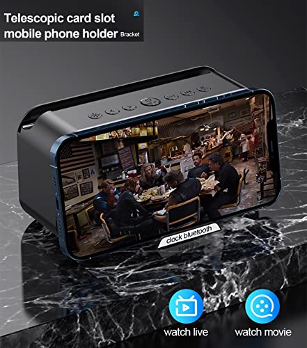 Bluetooth Speaker, LED Digital Alarm Clock Wireless Speaker with HD Time Display, Mirror Surface Rechargeable Speaker with FM Radio, Bright Adjustment, 2 Card Slot for Phones Tablets Computer (Black)