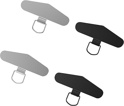 Set of four thin metal phone lanyard tabs in black and silver